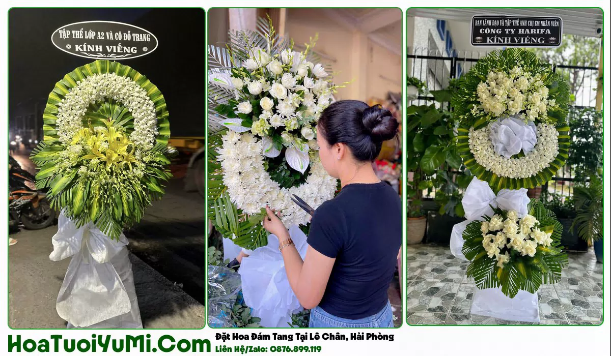 Vòng hoa viếng phối màu trắng vàng tại Lê Chân