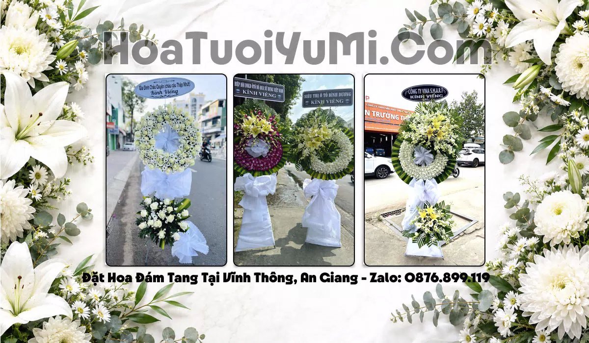vòng hoa viếng trắng đặt tại Phường Vĩnh Thông, An Giang
